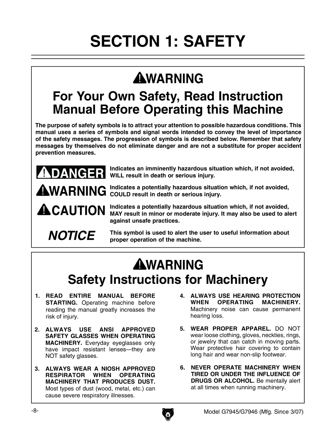 Grizzly G7945/46 owner manual Safety Instructions for Machinery 