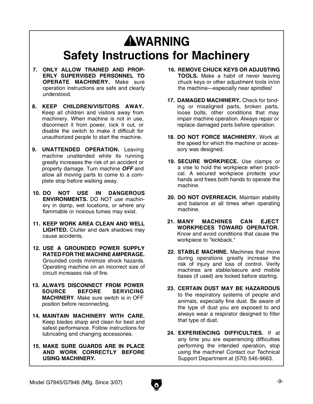 Grizzly G7945/46 owner manual Keep CHILDREN/VISITORS Away 