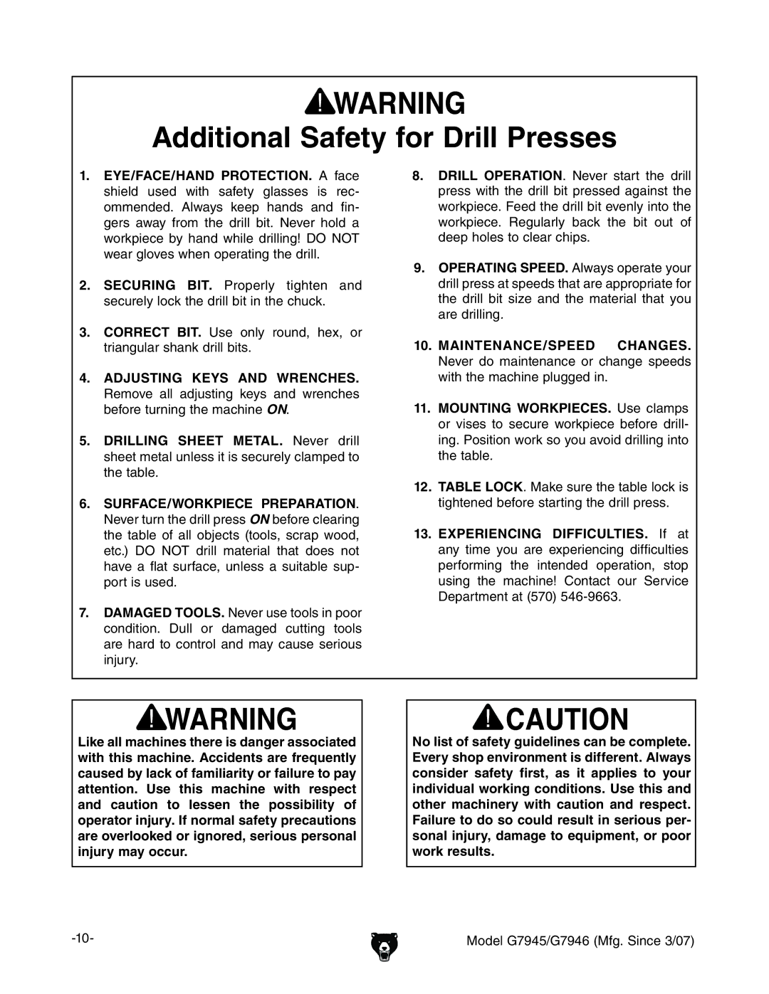 Grizzly G7945/46 owner manual Additional Safety for Drill Presses, MAINTENANCE/SPEED Changes 