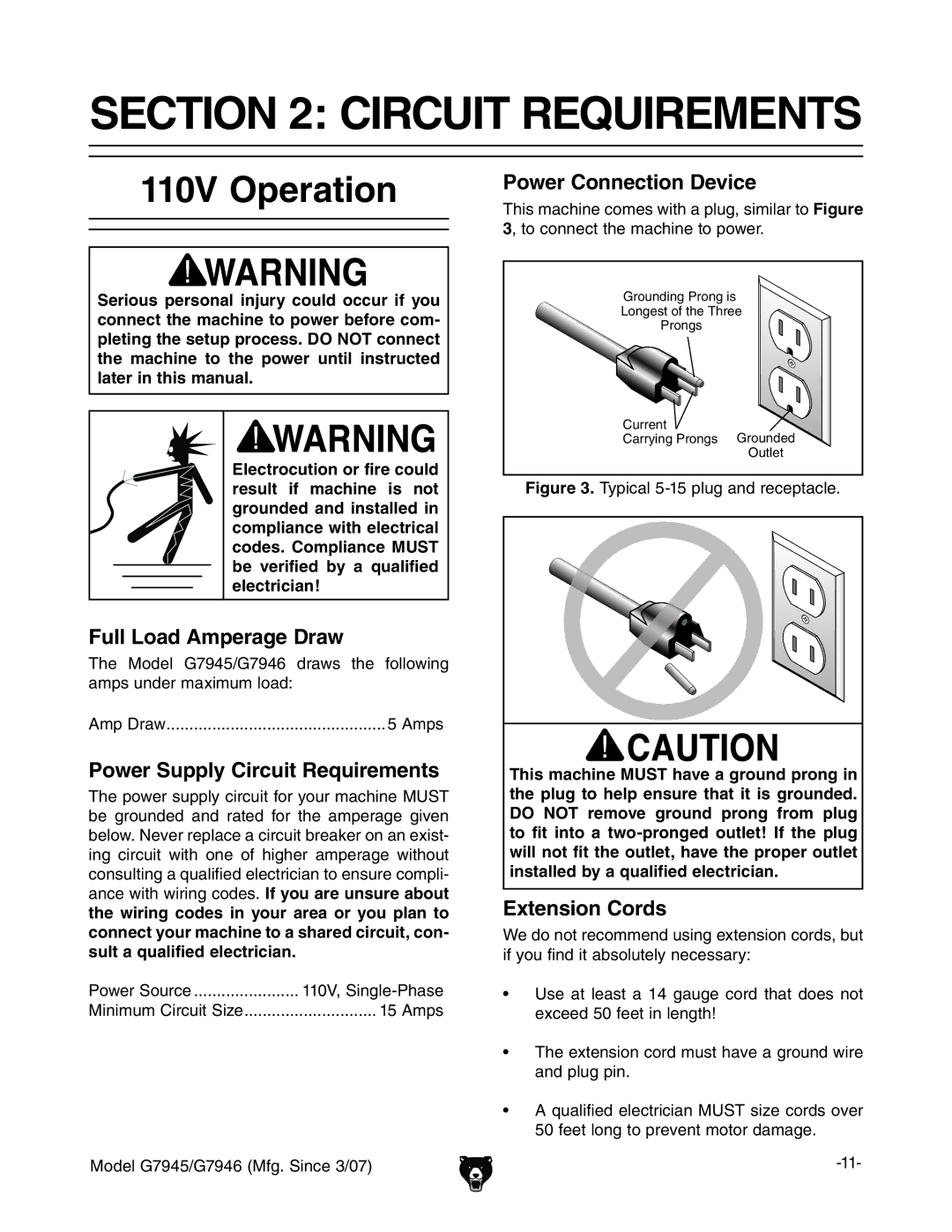 Grizzly G7945/46 owner manual Circuit Requirements, 110V Operation 