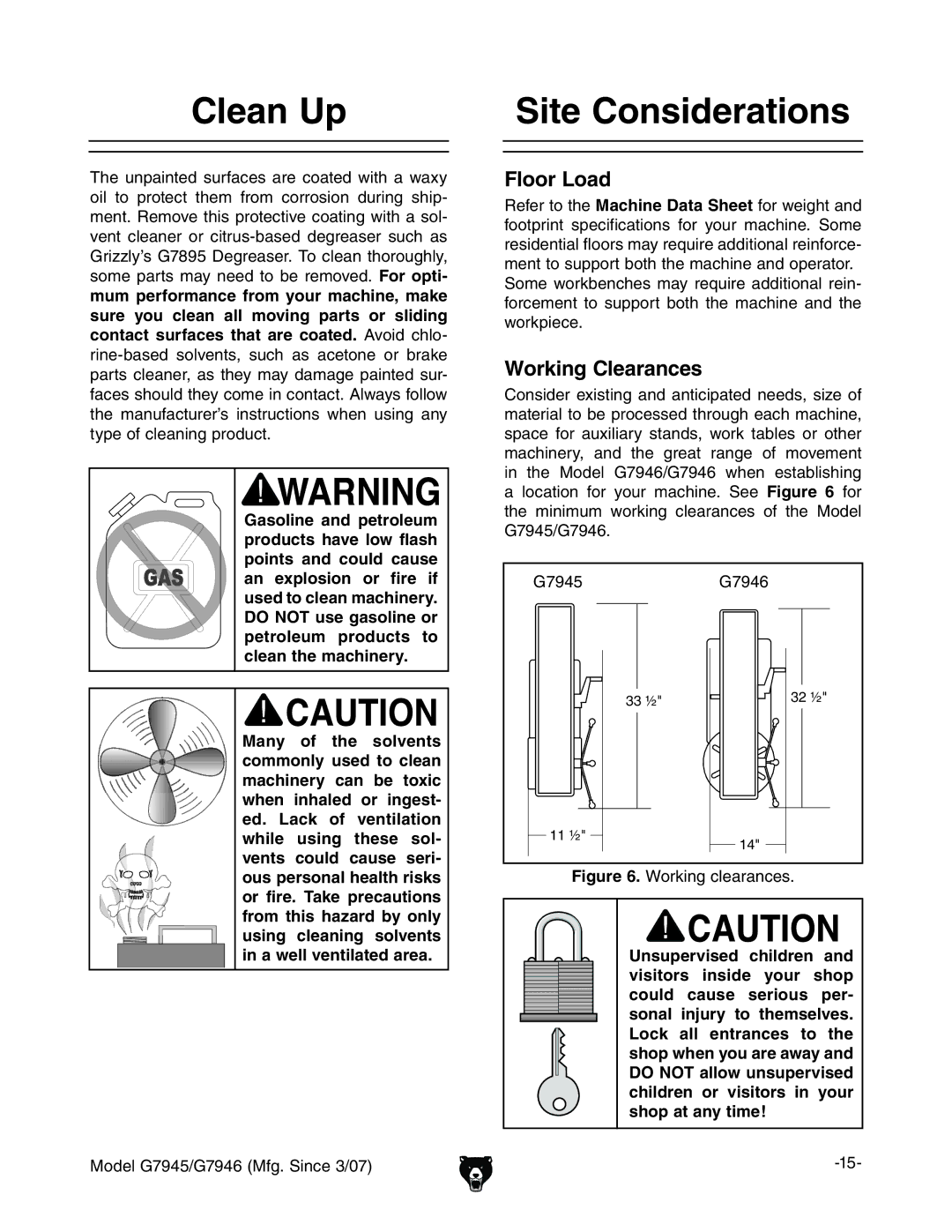 Grizzly G7945/46 owner manual Clean Up, Site Considerations, Floor Load, Working Clearances 