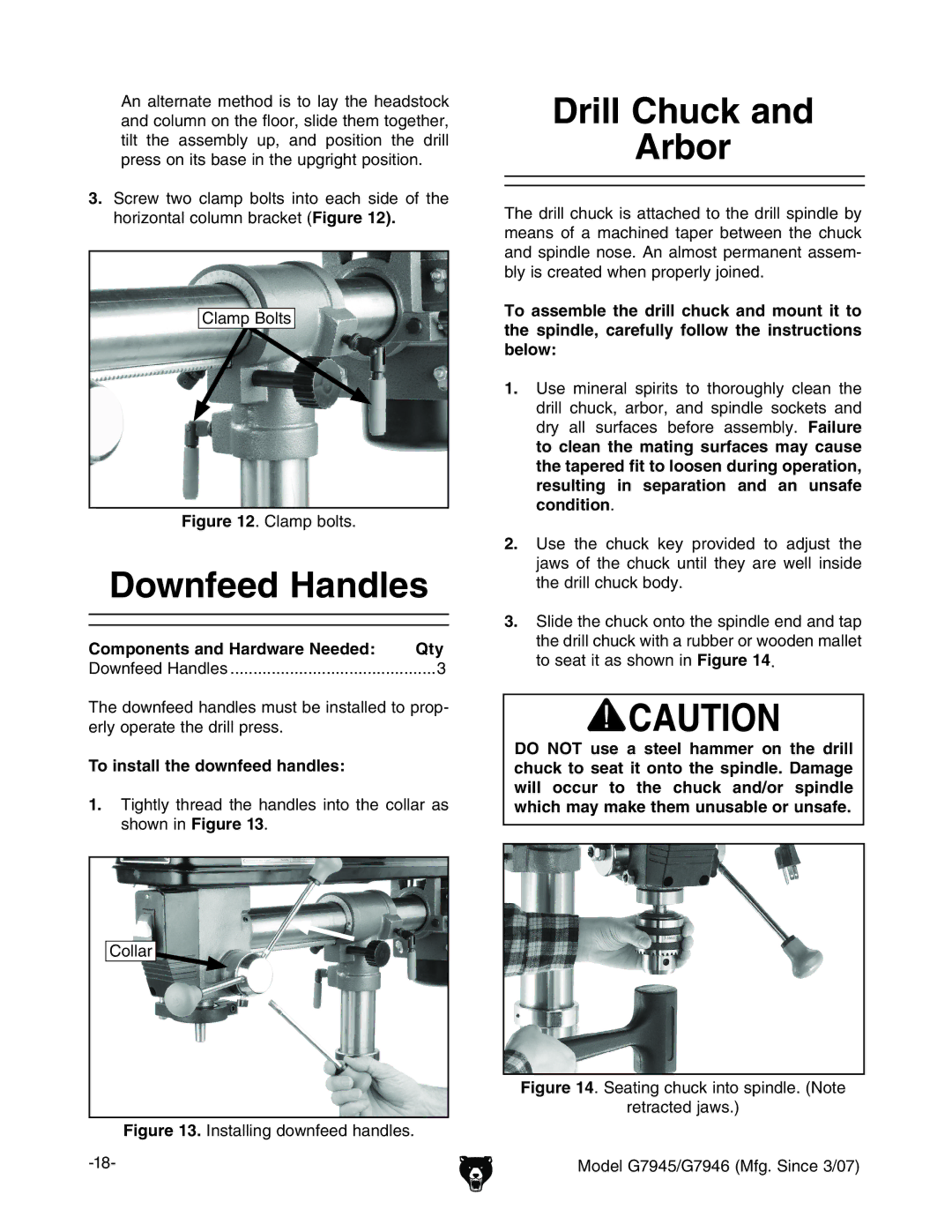 Grizzly G7945/46 owner manual Downfeed Handles, Drill Chuck Arbor, 8aVbe7daih, To install the downfeed handles 