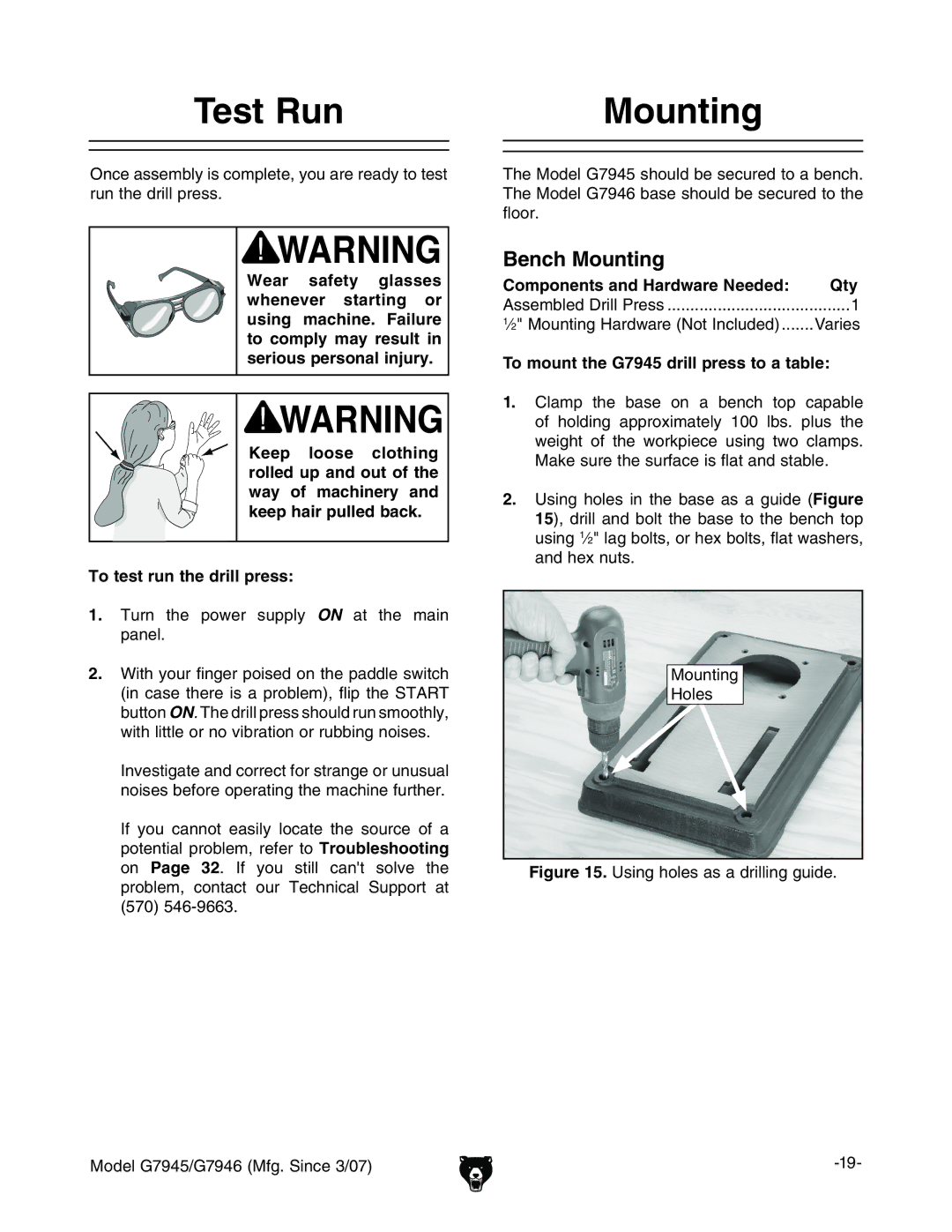 Grizzly G7945/46 owner manual Test Run Mounting, Bench Mounting, Ijgc iZ edlZg hjeean on Vi iZ bVc eVcZa# 