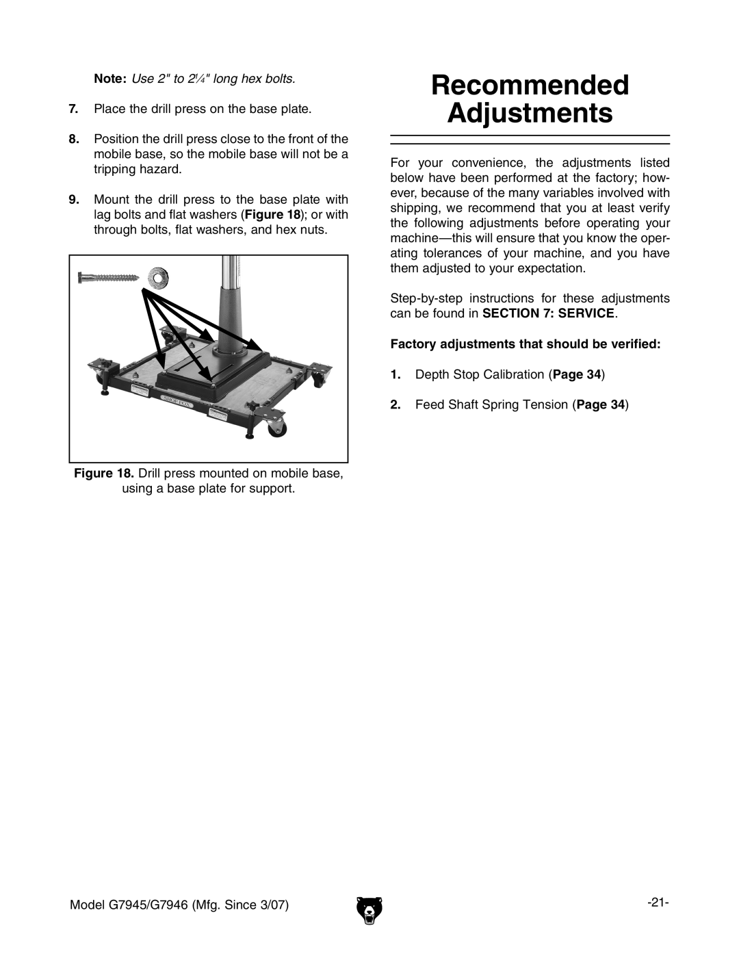 Grizzly G7945/46 owner manual Recommended Adjustments,  EaVXZiZYgaaegZhhdciZWVhZeaViZ# 