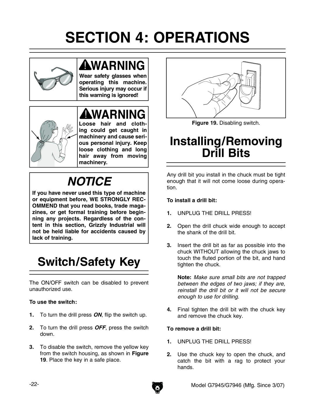 Grizzly G7945/46 owner manual Operations, Switch/Safety Key, Installing/Removing Drill Bits 