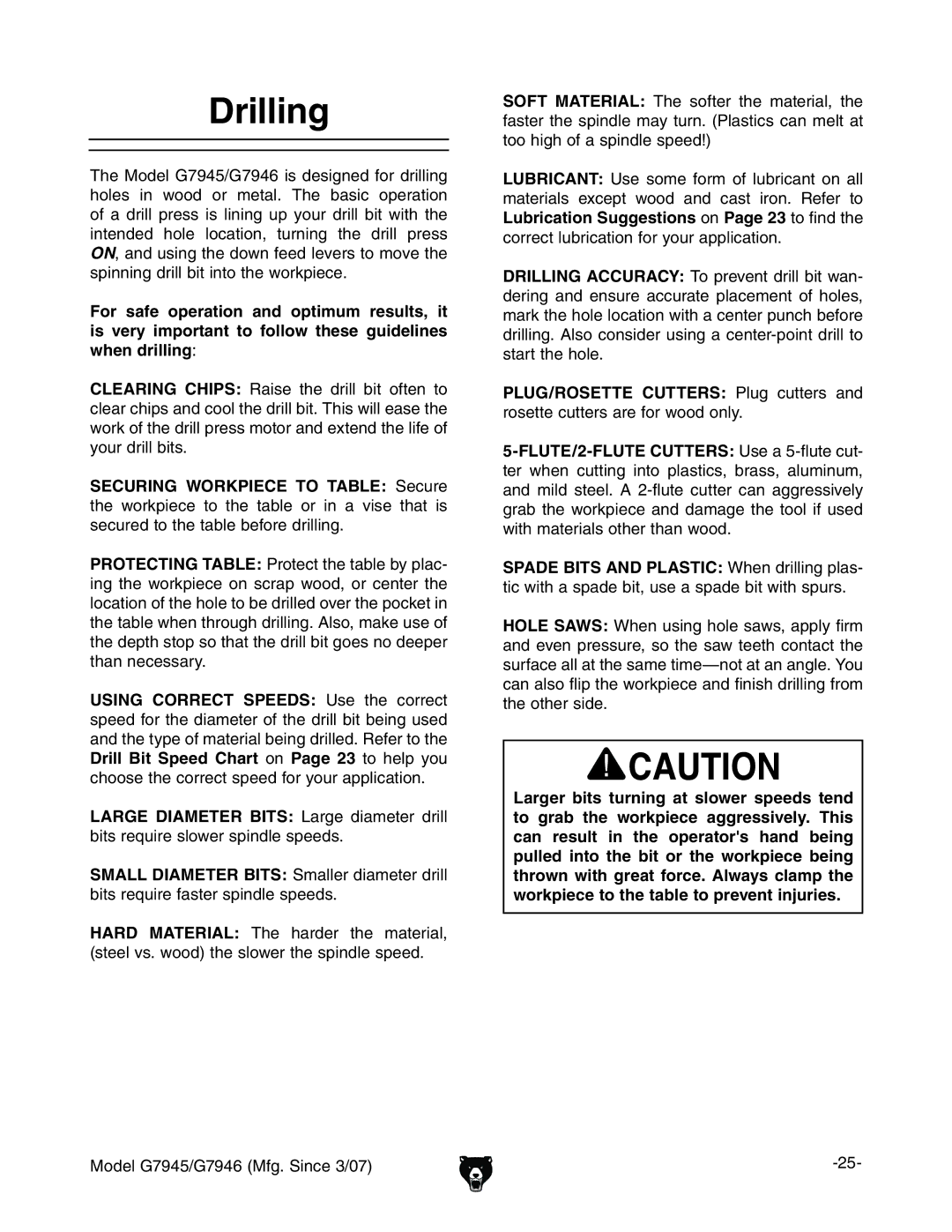 Grizzly G7945/46 owner manual Drilling 