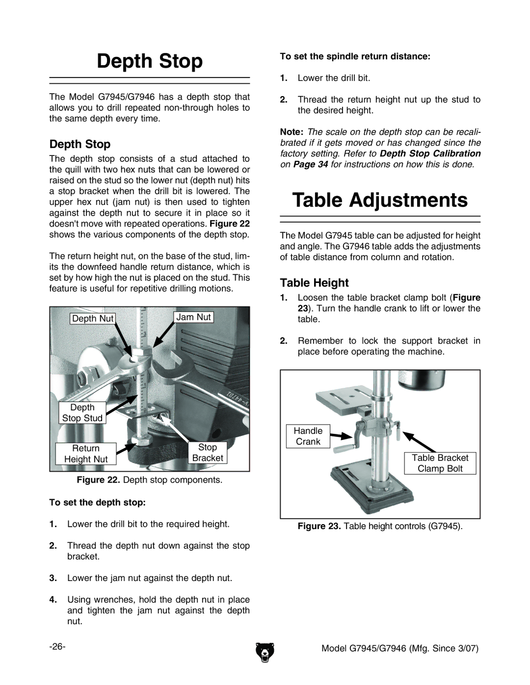 Grizzly G7945/46 owner manual Depth Stop, Table Adjustments, Table Height 