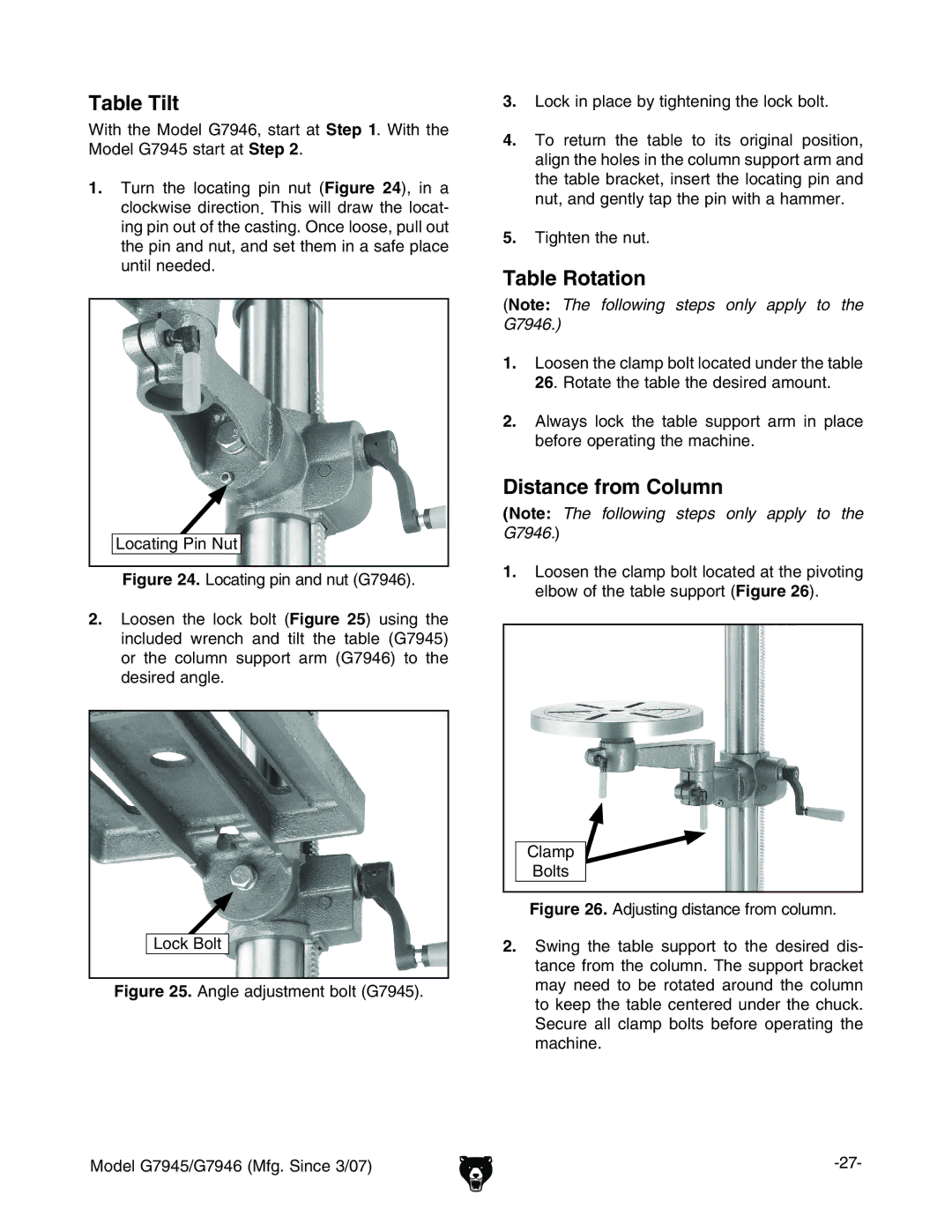 Grizzly G7945/46 owner manual Table Tilt, Table Rotation, Distance from Column 