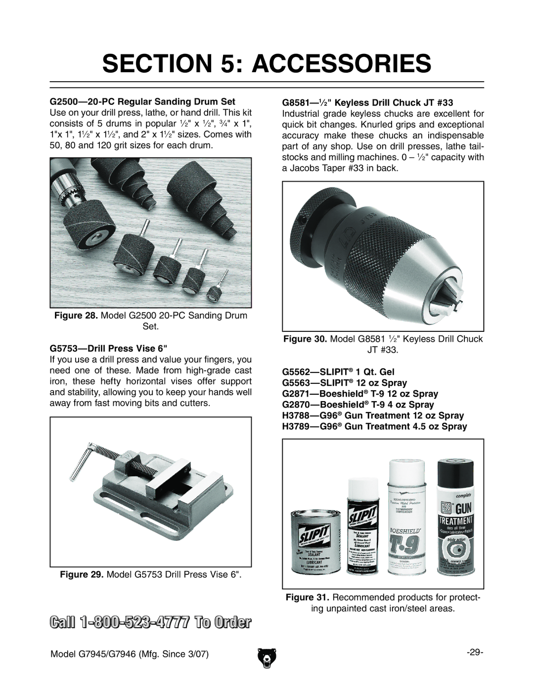 Grizzly G7945/46 owner manual Accessories, G2500-20-PC Regular Sanding Drum Set, -%VcY&%\gihoZhdgZVXYgjb# 