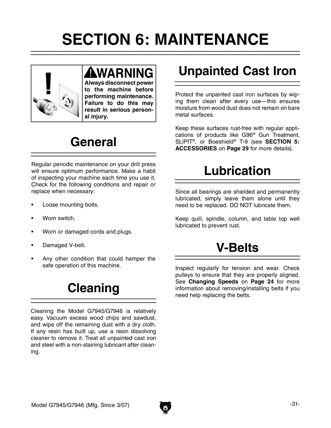 Grizzly G7945/46 owner manual Maintenance 