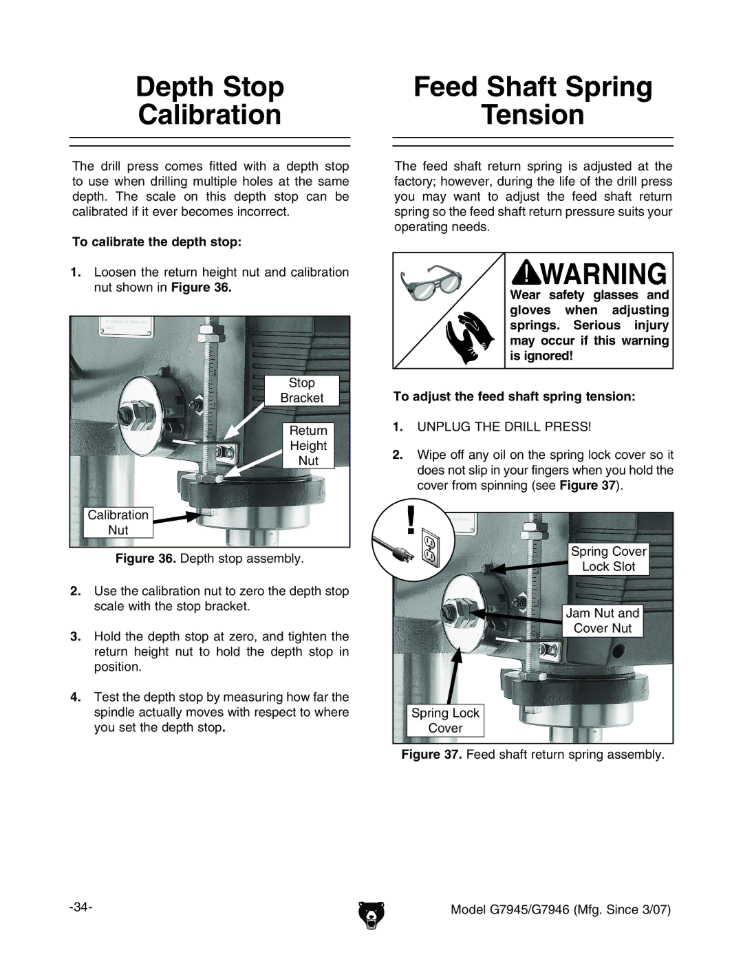 Grizzly G7945/46 owner manual Calibration, To calibrate the depth stop 