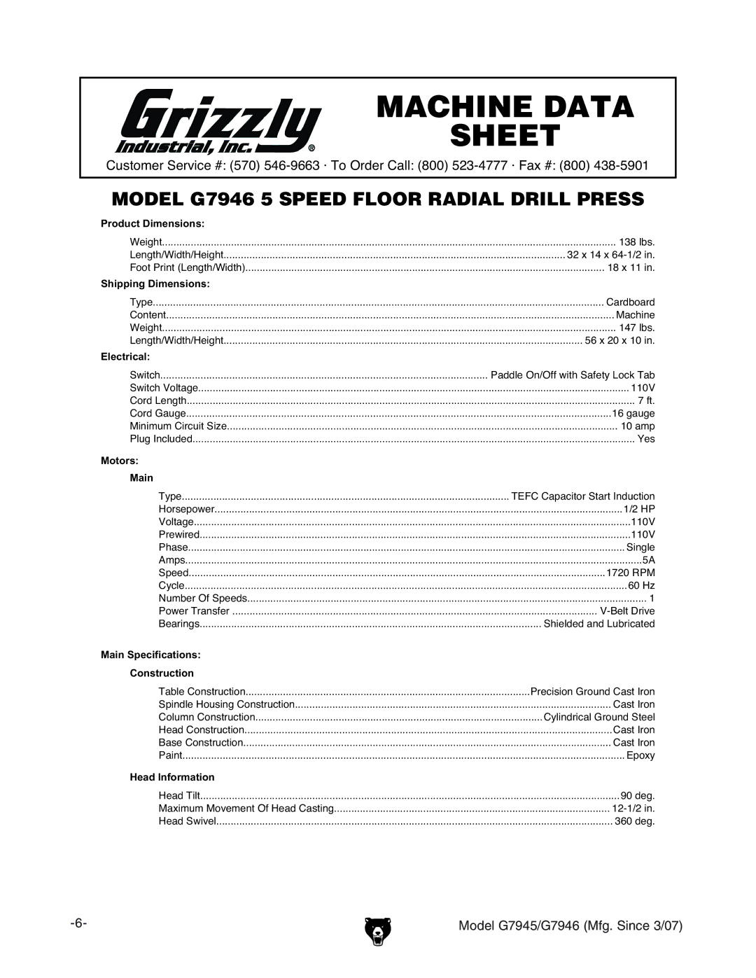 Grizzly G7945/46 owner manual Model G7946 5 Speed Floor Radial Drill Press 