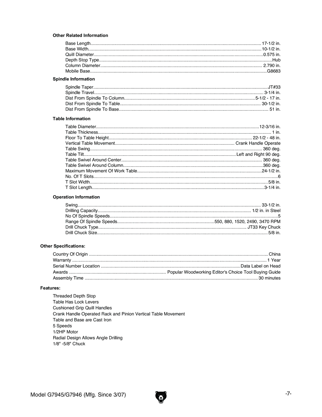 Grizzly G7945/46 owner manual 17-1/2 