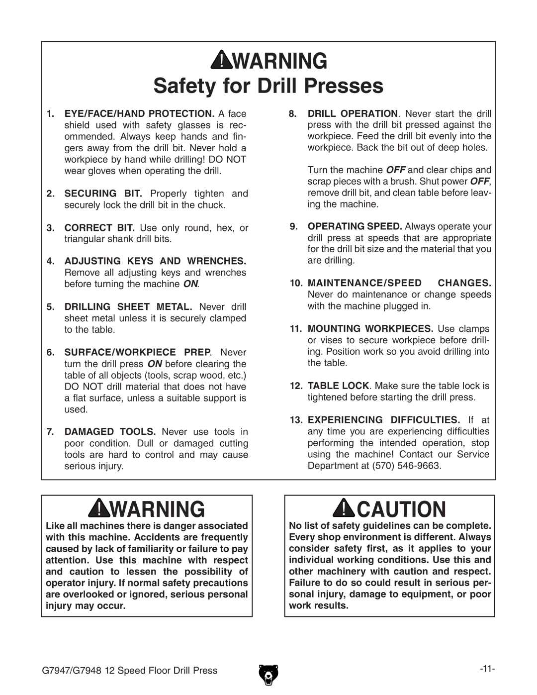 Grizzly G7947, G7948 instruction manual Safety for Drill Presses 