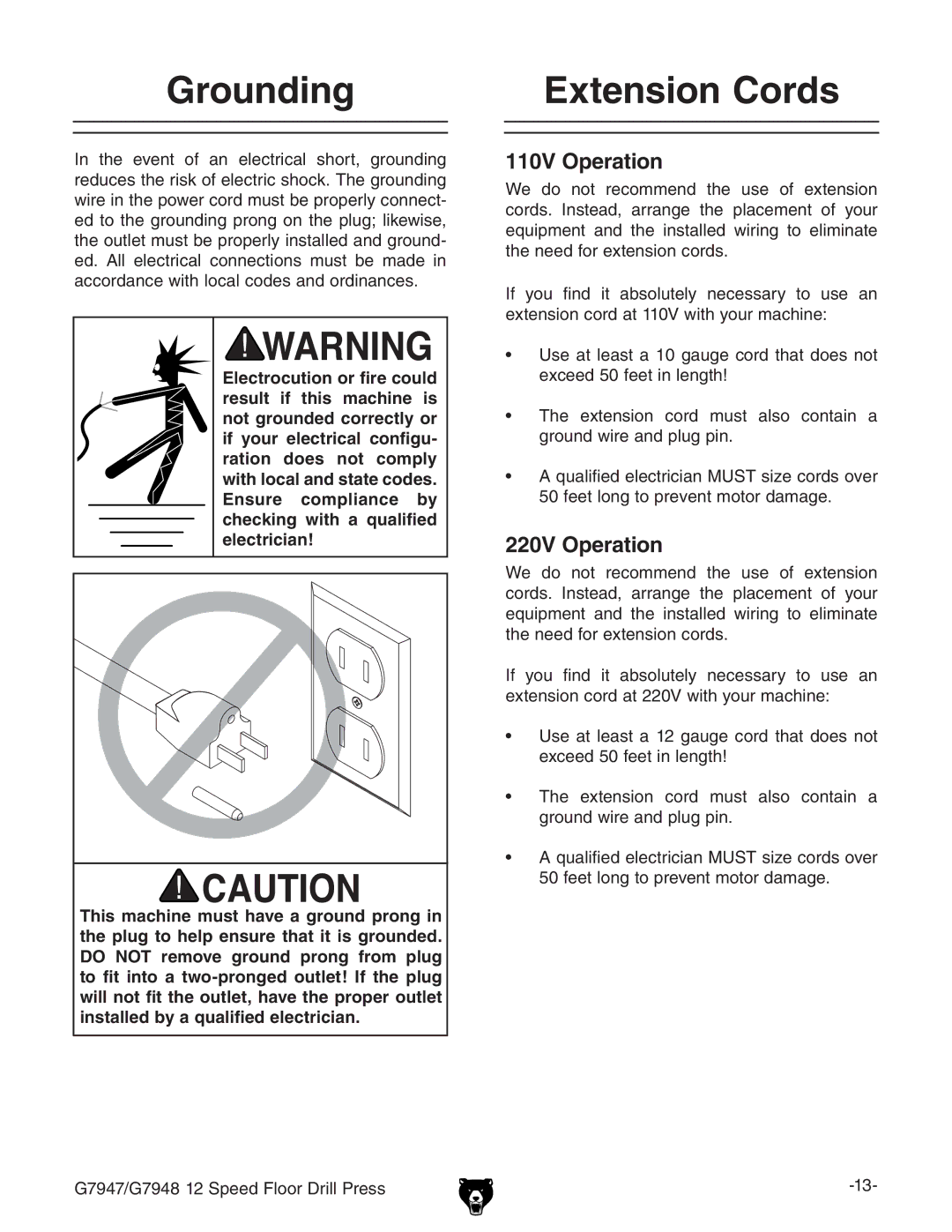 Grizzly G7947, G7948 instruction manual Grounding, Extension Cords, 110V Operation, 220V Operation 