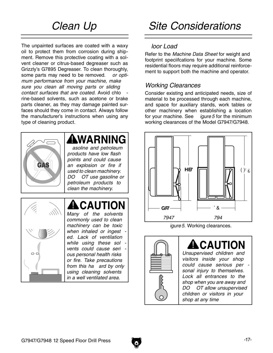 Grizzly instruction manual Clean Up, Site Considerations, Floor Load, Working Clearances, G7947G7948 