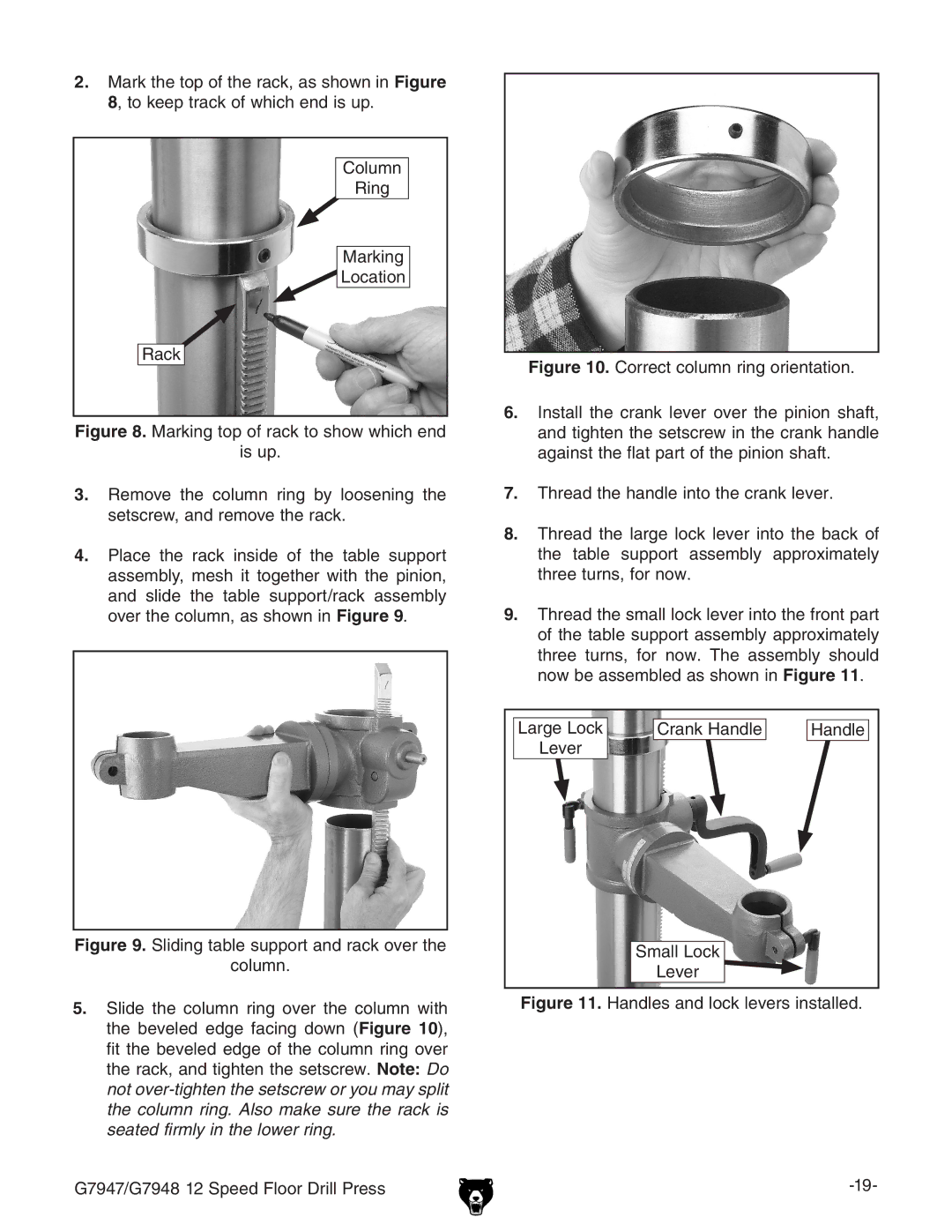 Grizzly G7947, G7948 instruction manual Handles and lock levers installed 