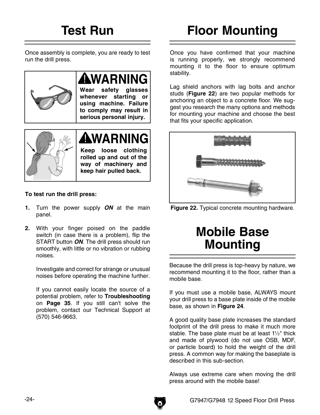 Grizzly G7948, G7947 instruction manual Test Run Floor Mounting, Mobile Base Mounting 