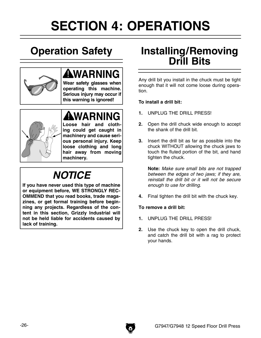 Grizzly G7948, G7947 Operations, Operation Safety Installing/Removing, To install a drill bit, To remove a drill bit 