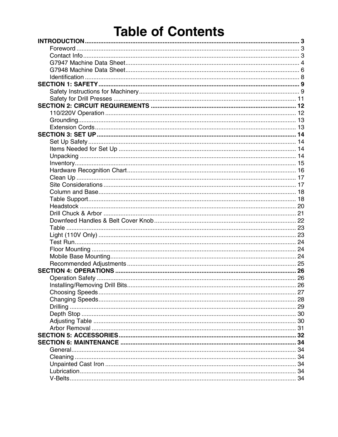 Grizzly G7947, G7948 instruction manual Table of Contents 