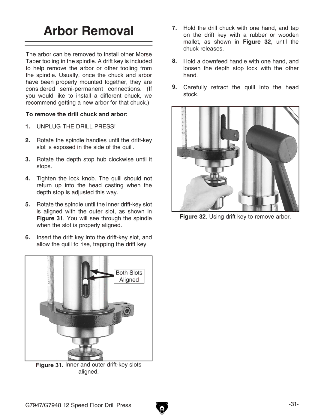 Grizzly G7947, G7948 instruction manual Arbor Removal, To remove the drill chuck and arbor 