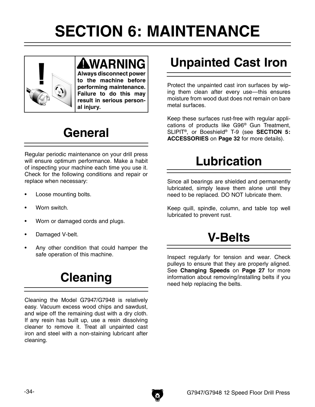 Grizzly G7948, G7947 instruction manual Maintenance 