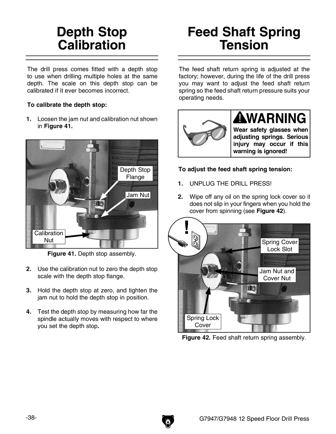 Grizzly G7948, G7947 instruction manual Depth Stop Feed Shaft Spring Calibration 