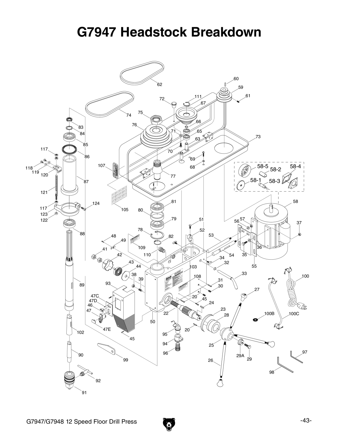 Grizzly G7948 instruction manual G7947 Headstock Breakdown 