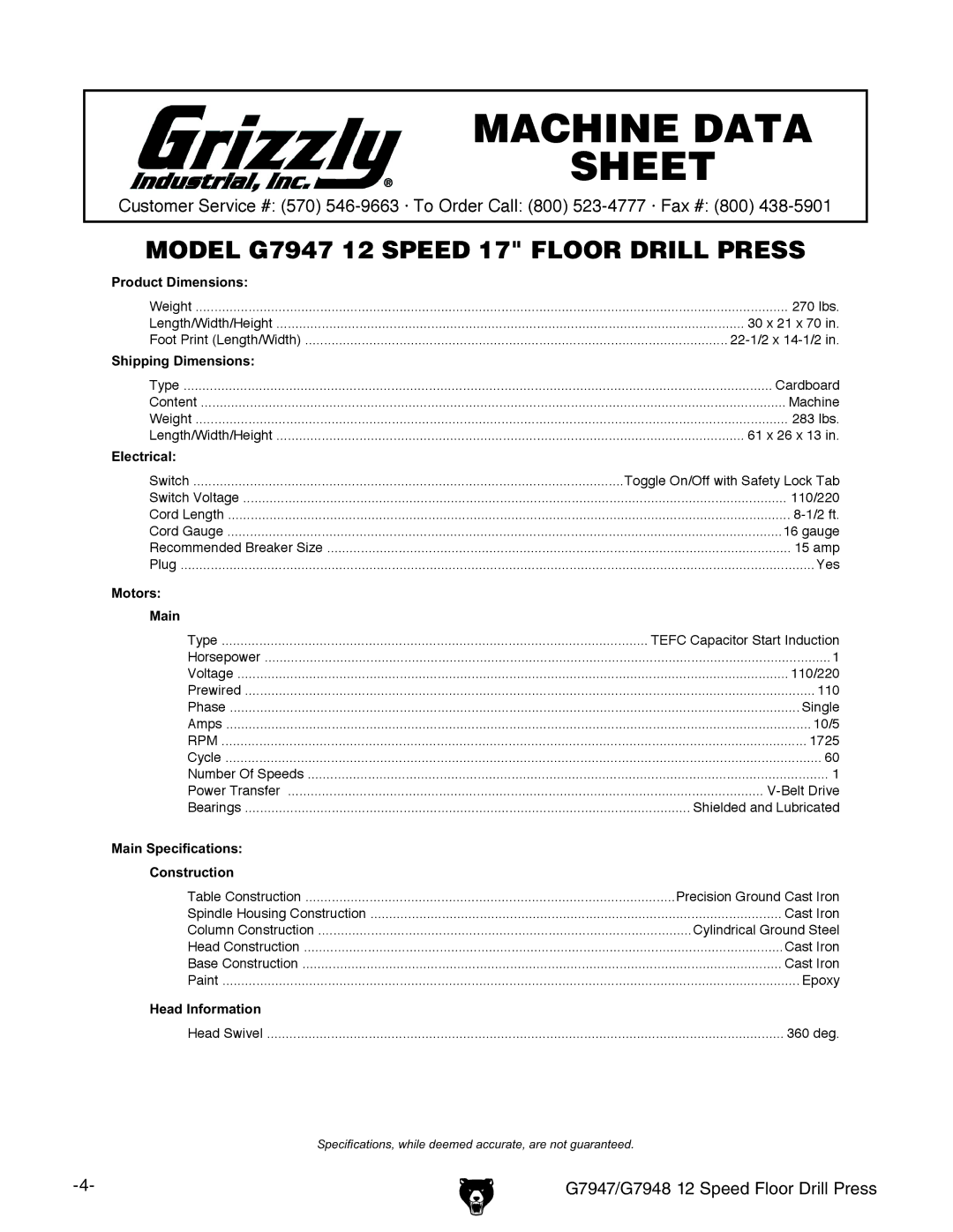 Grizzly G7948, G7947 instruction manual Machine Data Sheet 