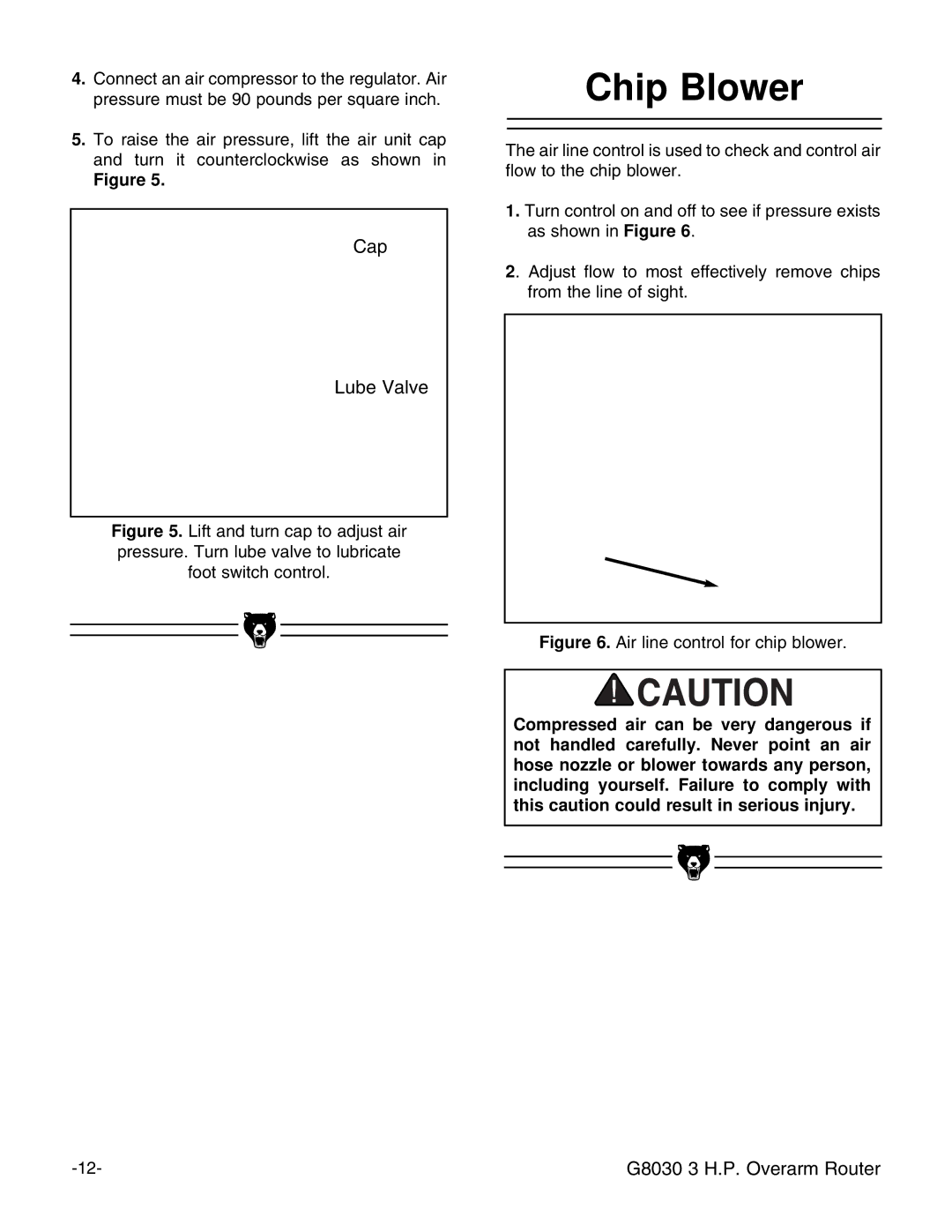 Grizzly G8030 instruction manual Chip Blower, Air line control for chip blower 