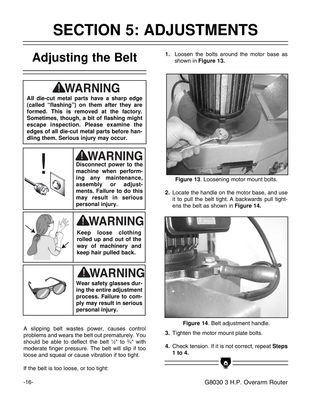 Grizzly G8030 instruction manual Adjustments, Adjusting the Belt 