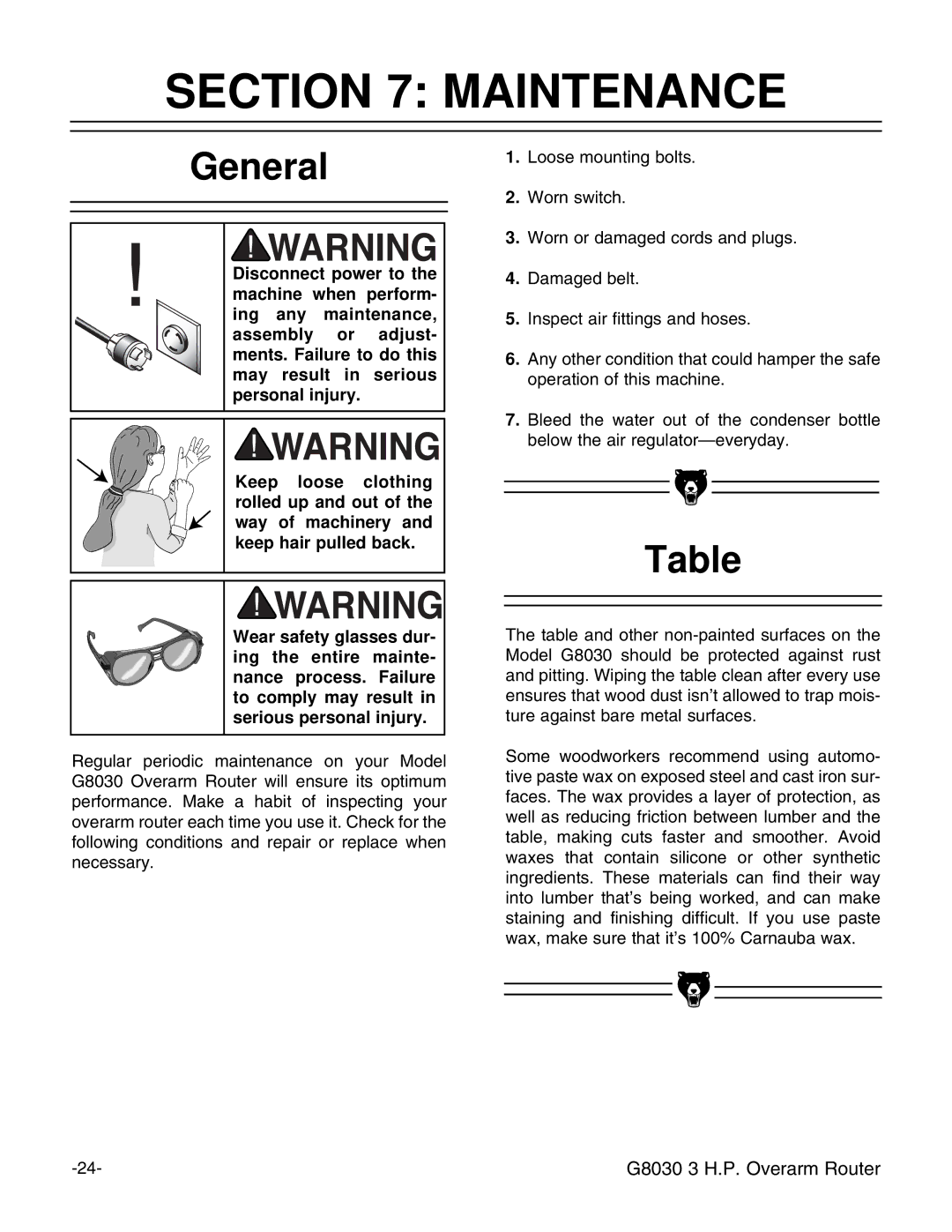 Grizzly G8030 instruction manual Maintenance, General 