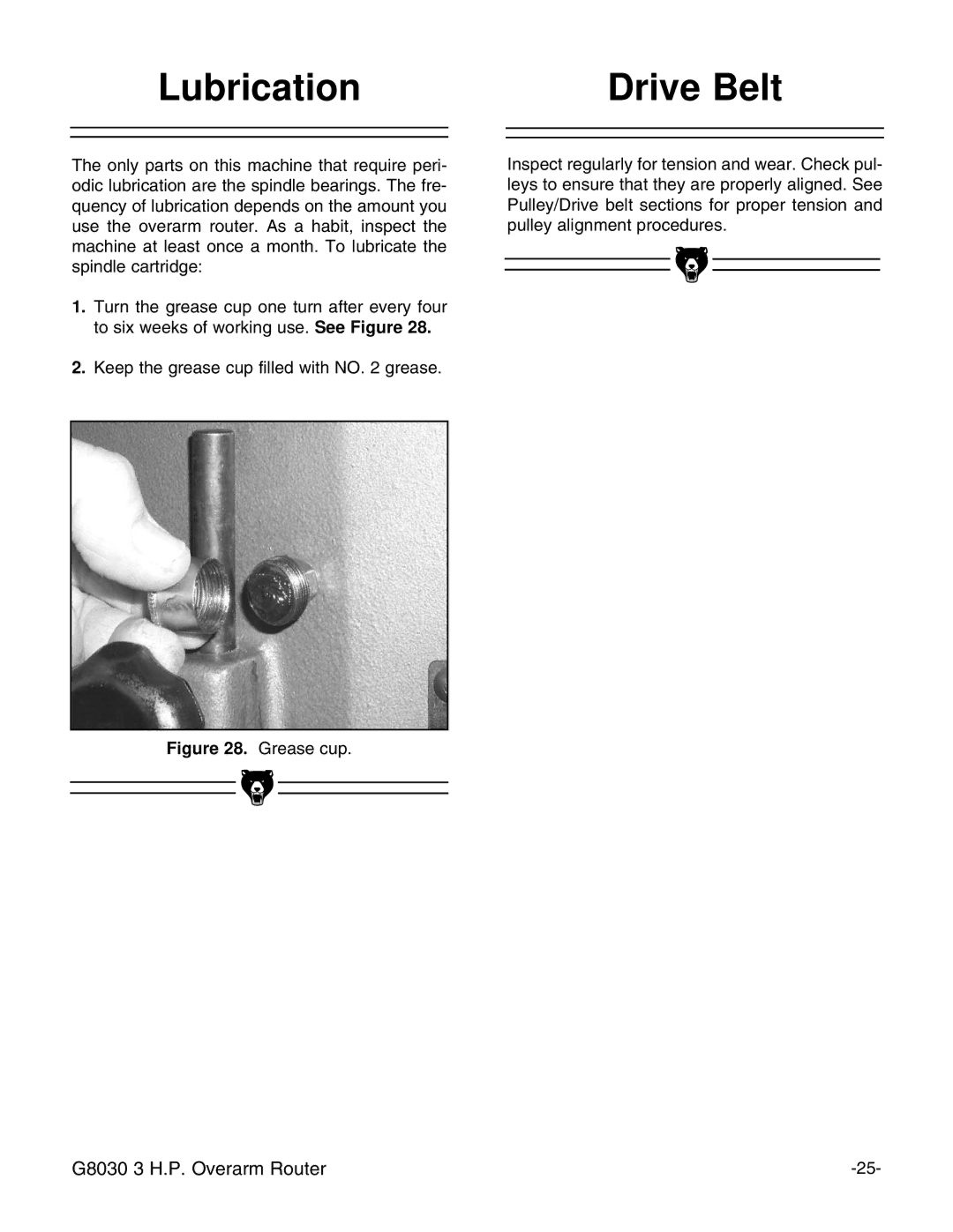 Grizzly G8030 instruction manual Lubrication Drive Belt, Grease cup 