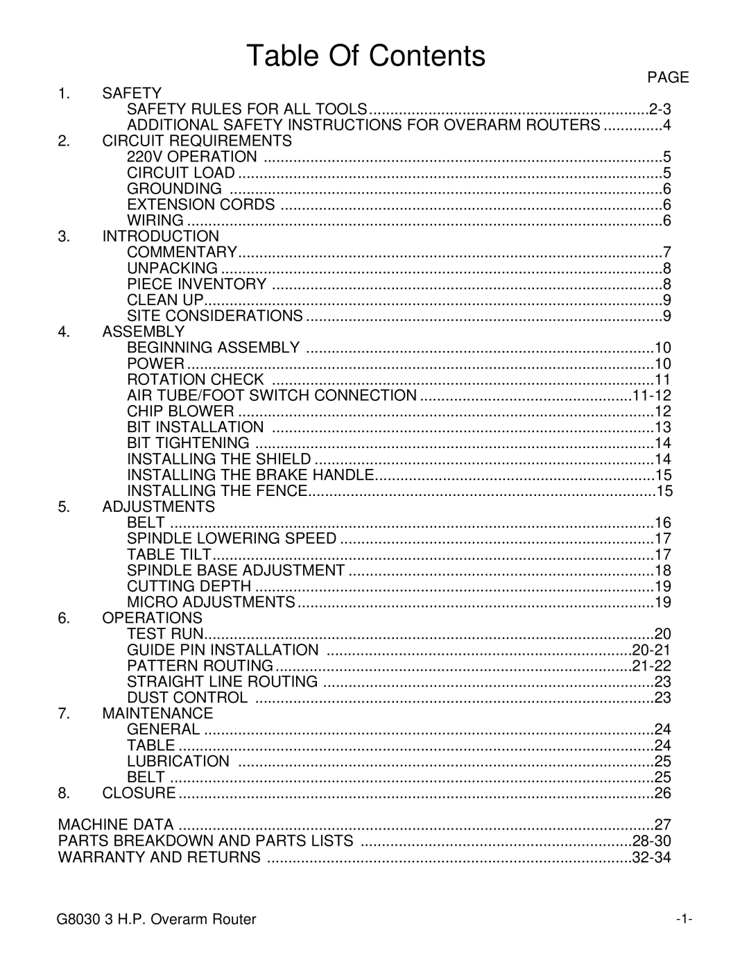 Grizzly G8030 instruction manual Table Of Contents 