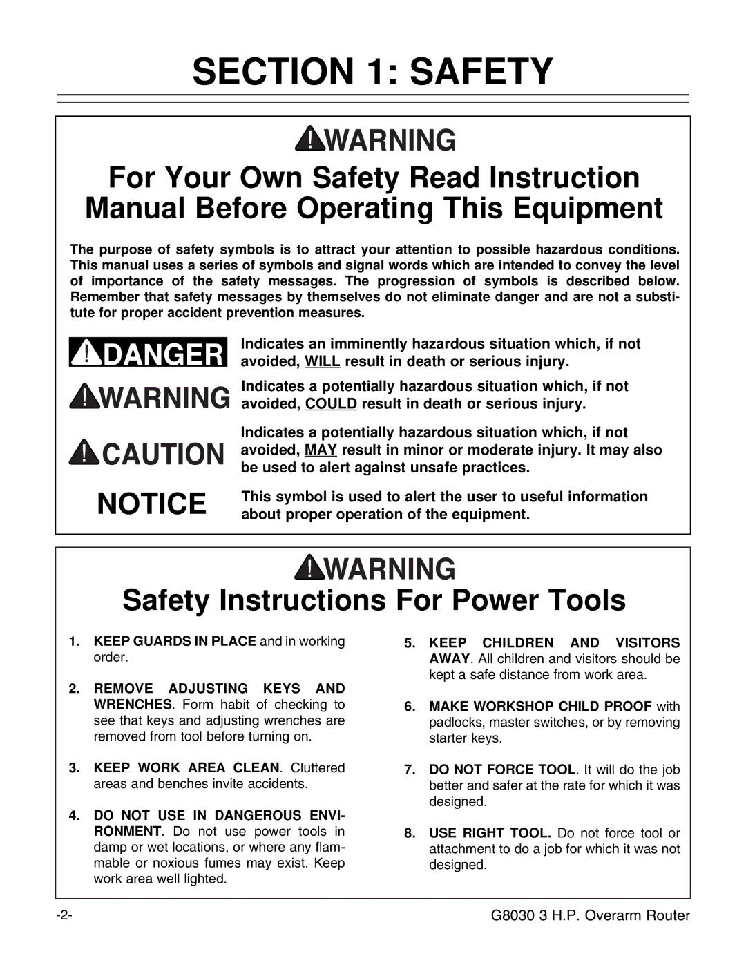 Grizzly G8030 instruction manual Safety Instructions For Power Tools 