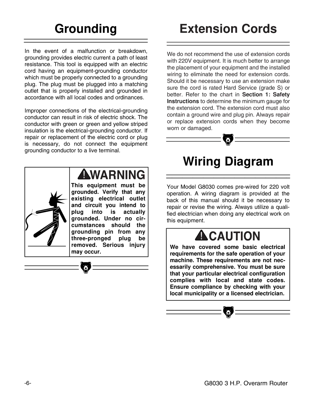 Grizzly G8030 instruction manual Grounding, Wiring Diagram 