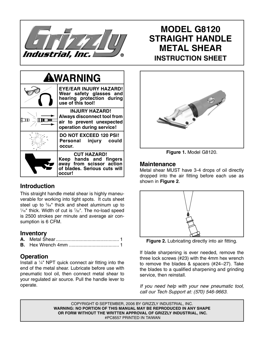 Grizzly instruction sheet MODEL G8120, Straight Handle, Metal Shear, Instruction Sheet, Introduction, Inventory 