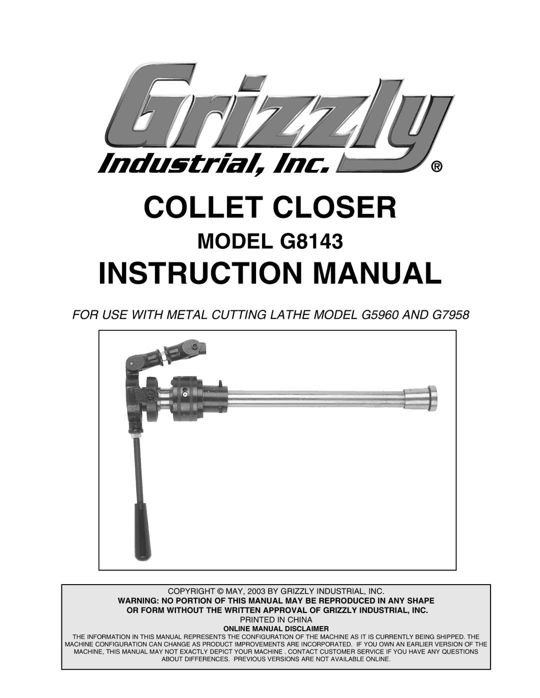 Grizzly G7958, G8143, G5960 instruction manual Collet Closer 