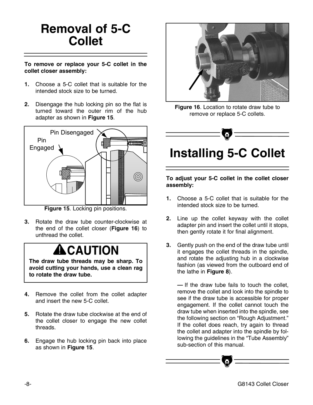 Grizzly G7958, G8143 Removal of 5-C Collet, Installing 5-C Collet, To adjust your 5-C collet in the collet closer assembly 