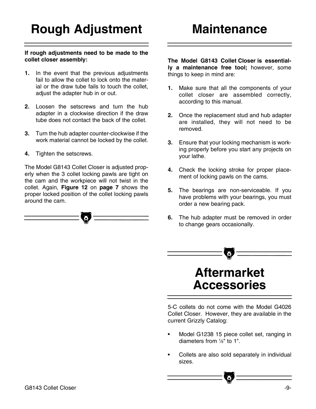 Grizzly G5960, G8143, G7958 instruction manual Rough Adjustment, Aftermarket Accessories 