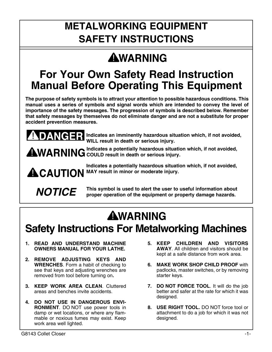 Grizzly G8143, G7958, G5960 Safety Instructions For Metalworking Machines, Metalworking Equipment Safety Instructions 