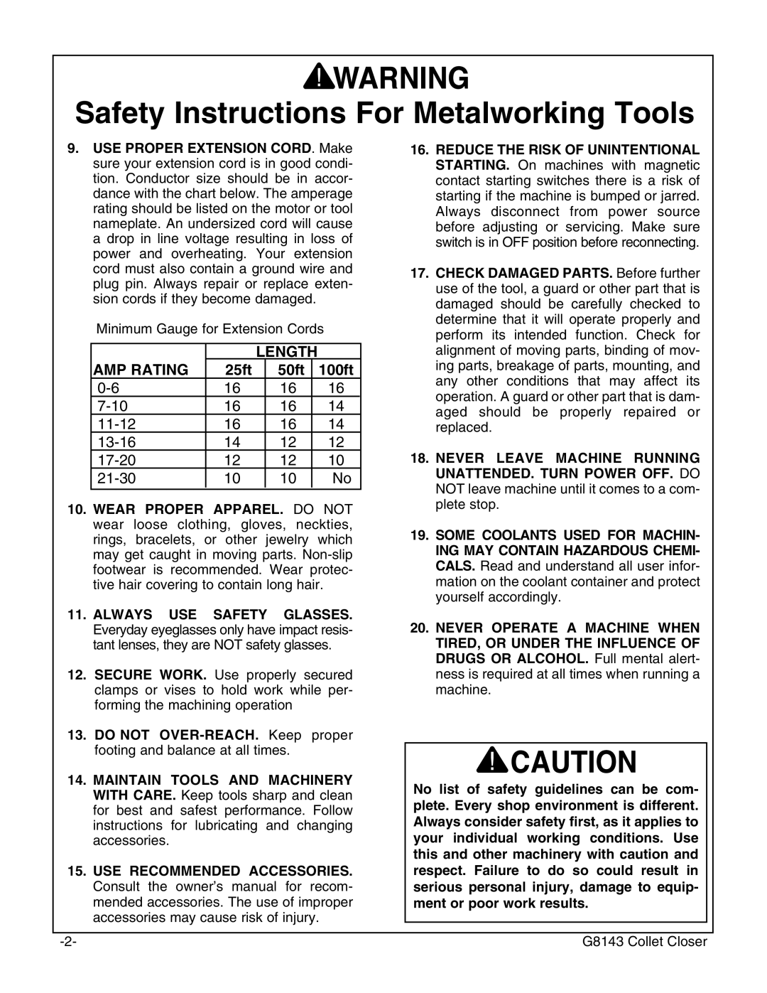 Grizzly G7958, G8143, G5960 instruction manual Safety Instructions For Metalworking Tools, Length AMP Rating 