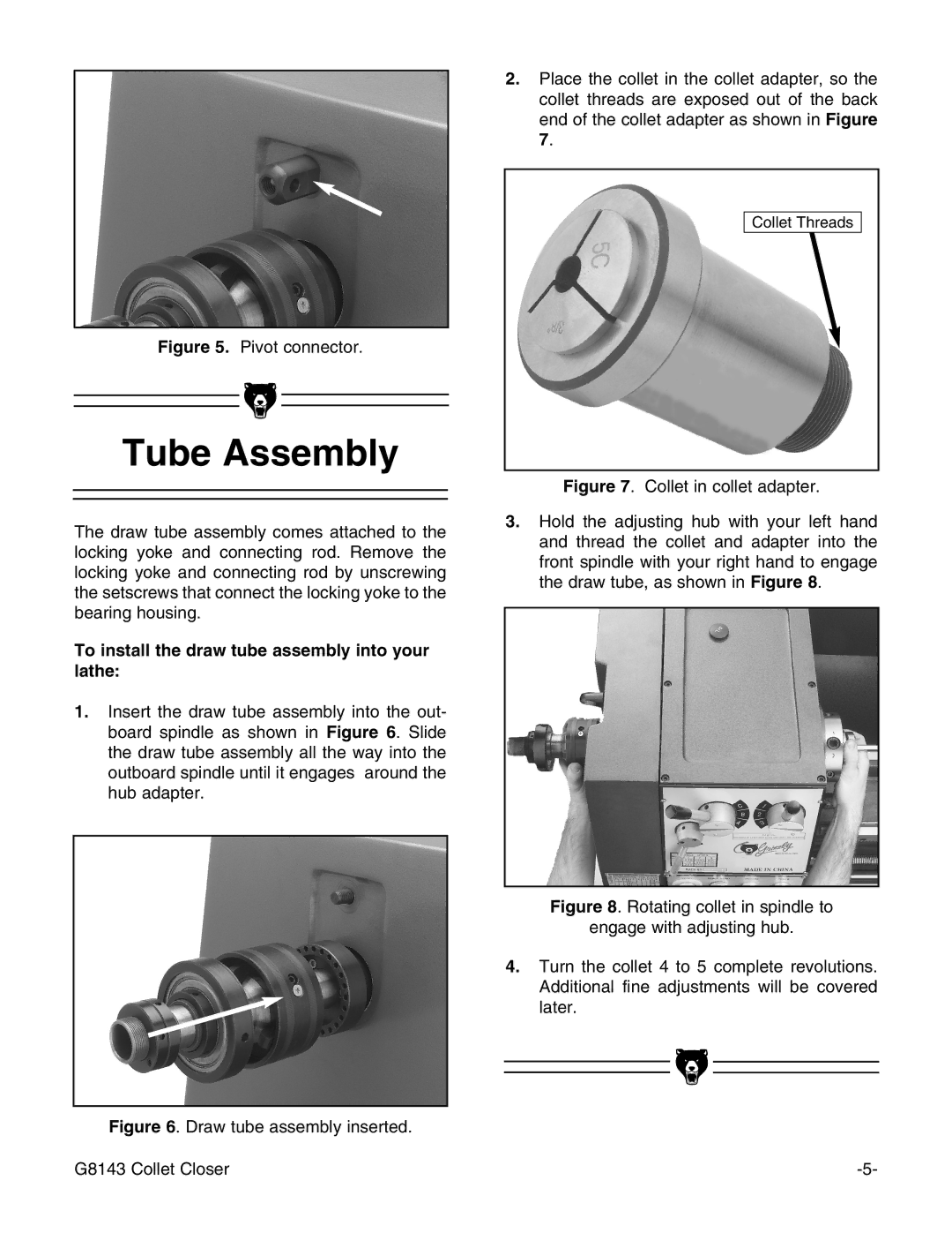 Grizzly G7958, G8143, G5960 instruction manual Tube Assembly, To install the draw tube assembly into your lathe 