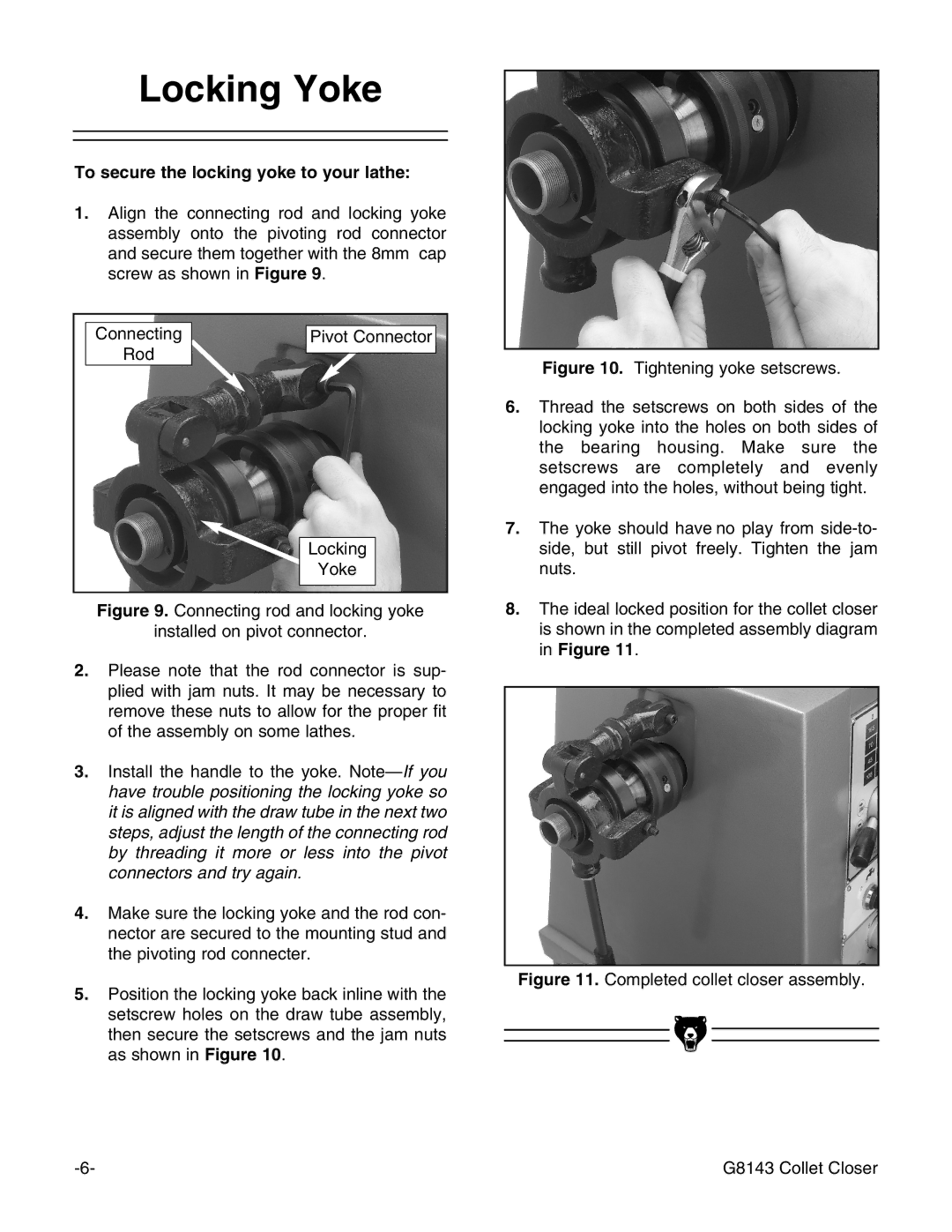 Grizzly G5960, G8143, G7958 instruction manual Locking Yoke, To secure the locking yoke to your lathe 