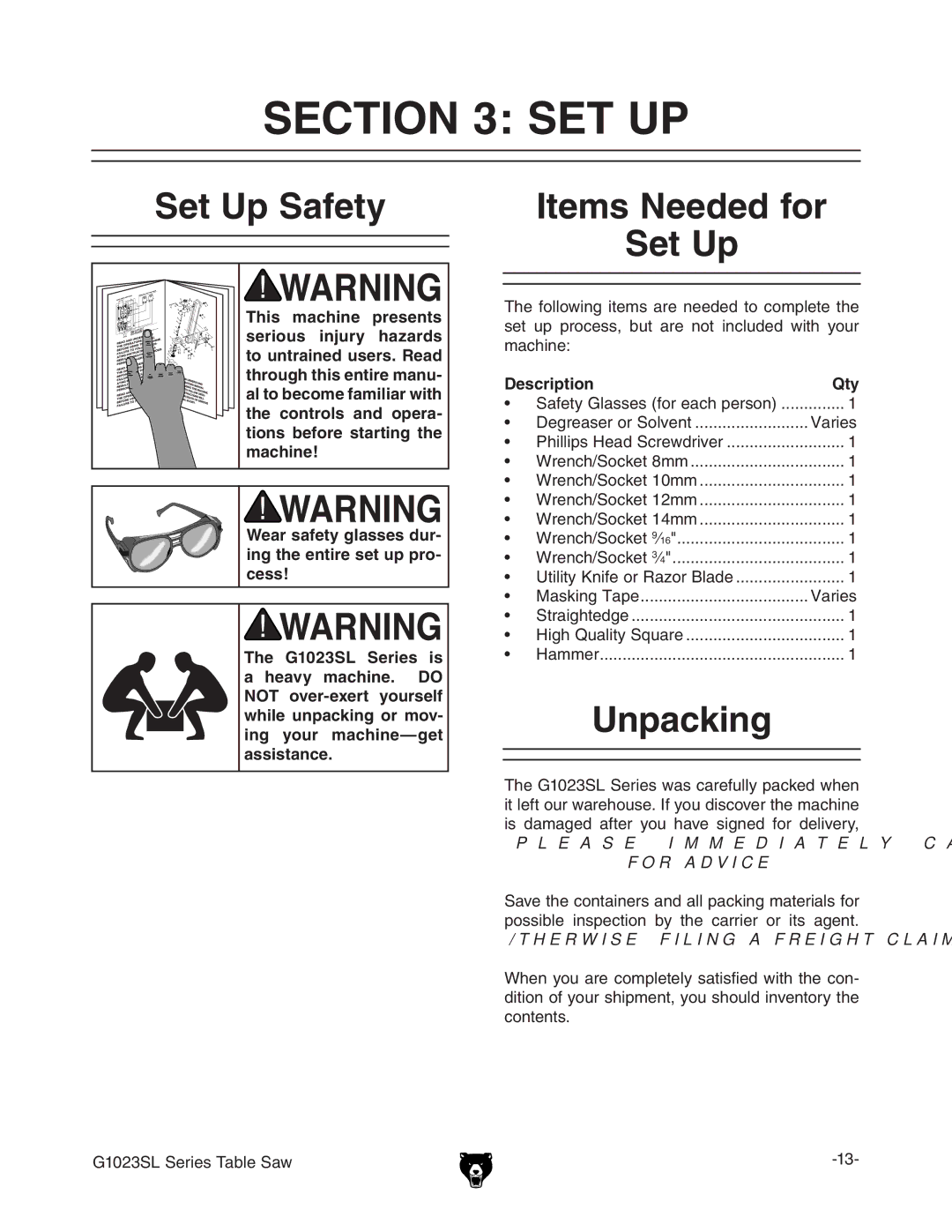 Grizzly G1023SLW, G8144Z manual #4/. 3%4, 3ETT5P 3AFETY, 5NPACKING 