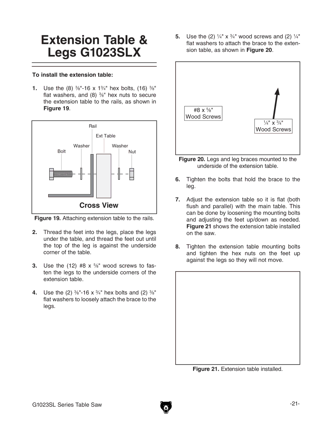 Grizzly G1023SLW, G8144Z manual XTENSIONN4ABLEL ,EGS 3,8, #ROSSO6IEW, 4O INSTALLTTHEHEXTENSIONNTABLE 