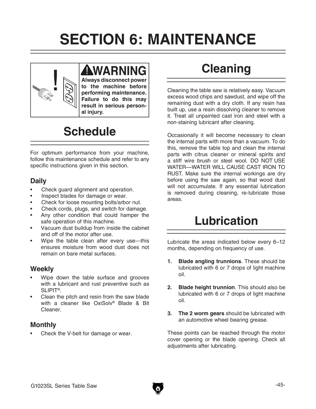 Grizzly G1023SLW, G8144Z manual #4/. -!.4%.!.#%, 3CHEDULE, #Leaning, Ubrication 