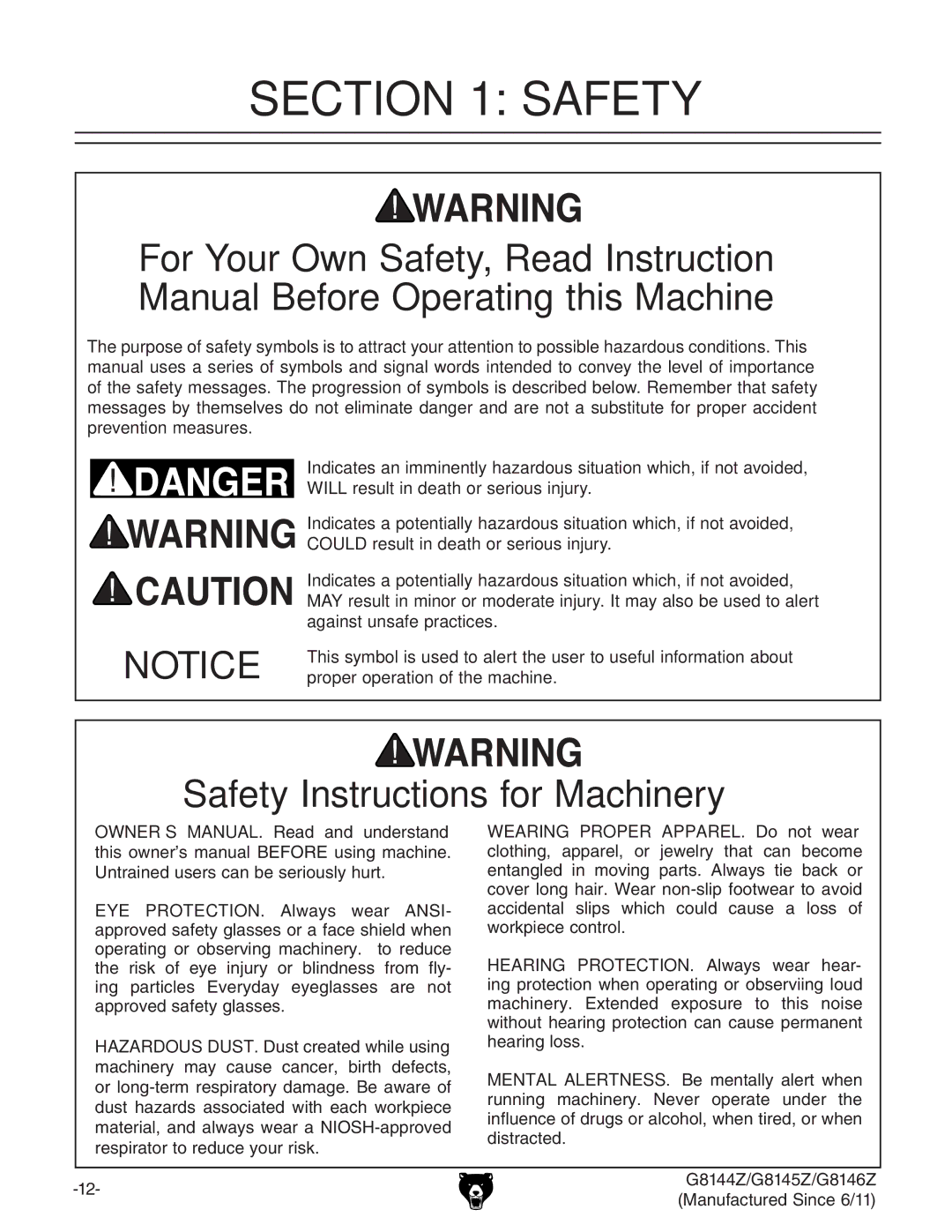 Grizzly G8144Z, G8145Z, G8146Z owner manual Safety Instructions for Machinery, Wearing Proper APPAREL. Do not wear 