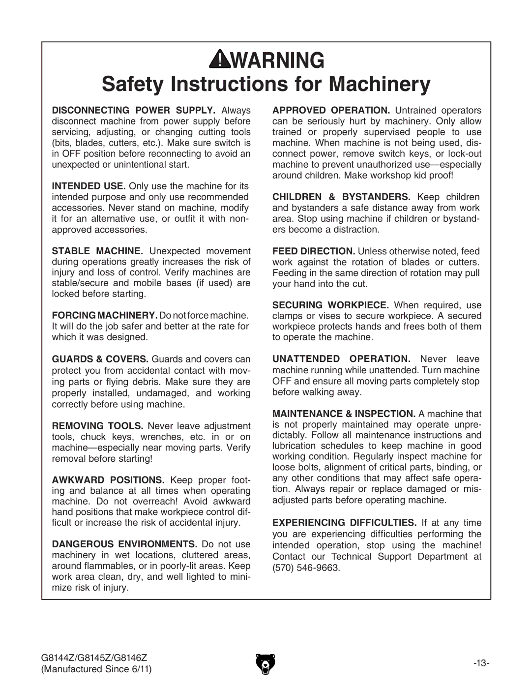 Grizzly G8145Z, G8146Z, G8144Z owner manual Safety Instructions for Machinery 