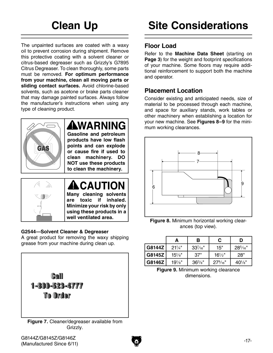 Grizzly G8146Z, G8145Z, G8144Z owner manual Clean Up, Site Considerations, Floor Load, Placement Location 